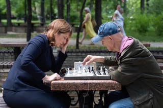 Chancellor of the Exchequer Rachel Reeves plays chess with members of the public in Taras Shevchenko Park, before meeting Ukrainian Defence minister Mykhailo Fedorov during her one day visit to Kyiv, Ukraine